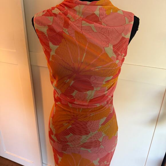 Tropical Coral Pink Orange Sheer High Neck Body Con Dress - s - Picture 5 of 6